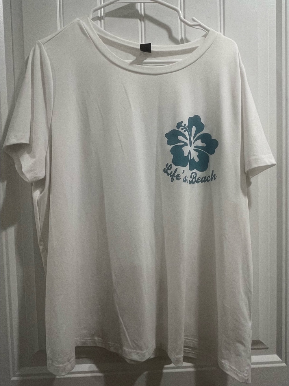 SHEIN White Short Sleeve Tee with Teal Hibiscus Graphic